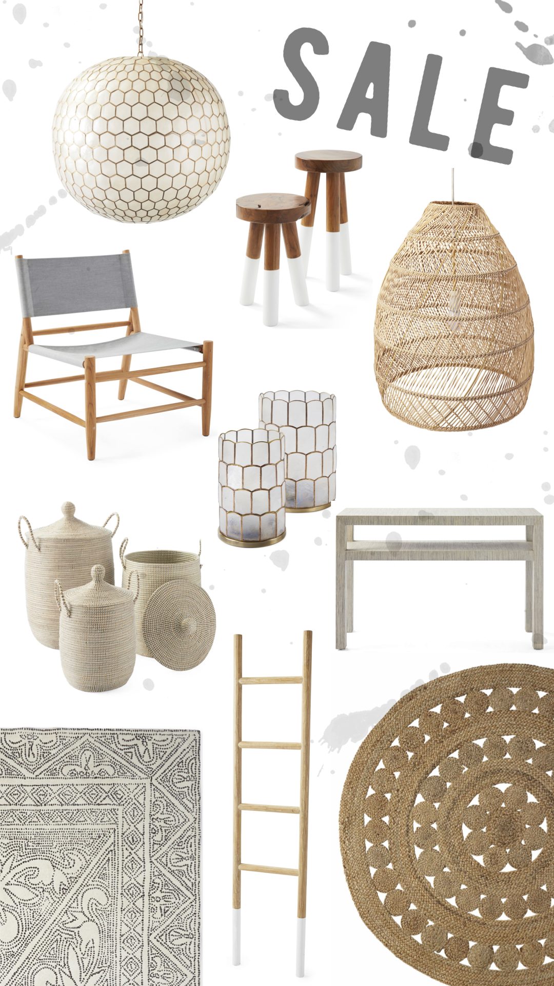 serena and lily sale | SERENA & LILY SALE by popular San Francisco life and style blog, Just Add Glam: collage image of Serena and Lily pendant lights, Serena and Lily rugs, Serena and Lily ladder, Serena and Lily baskets, and Serena and Lily stools. 