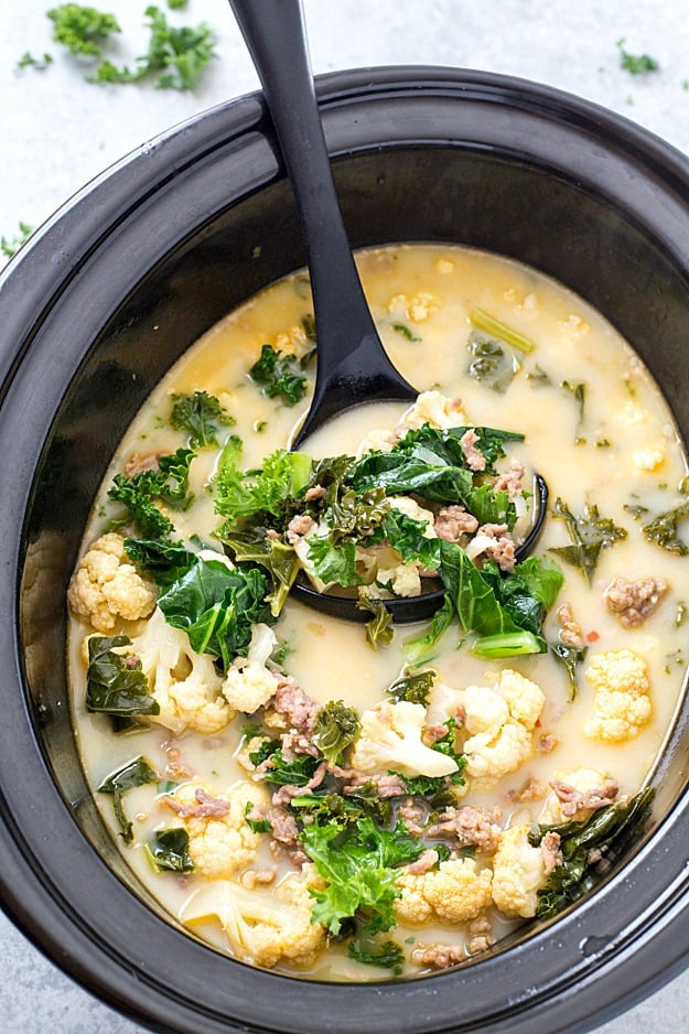 Low-Carb-Zuppa-Toscana-Soup-Just-Add-Glam | HEALTHY KETO CROCKPOT RECIPES TO EASE YOU INTO THE NEW YEAR by popular San Francisco life and style blog, Just Add Glam: image of slow cooker Zupa Toscana soup.