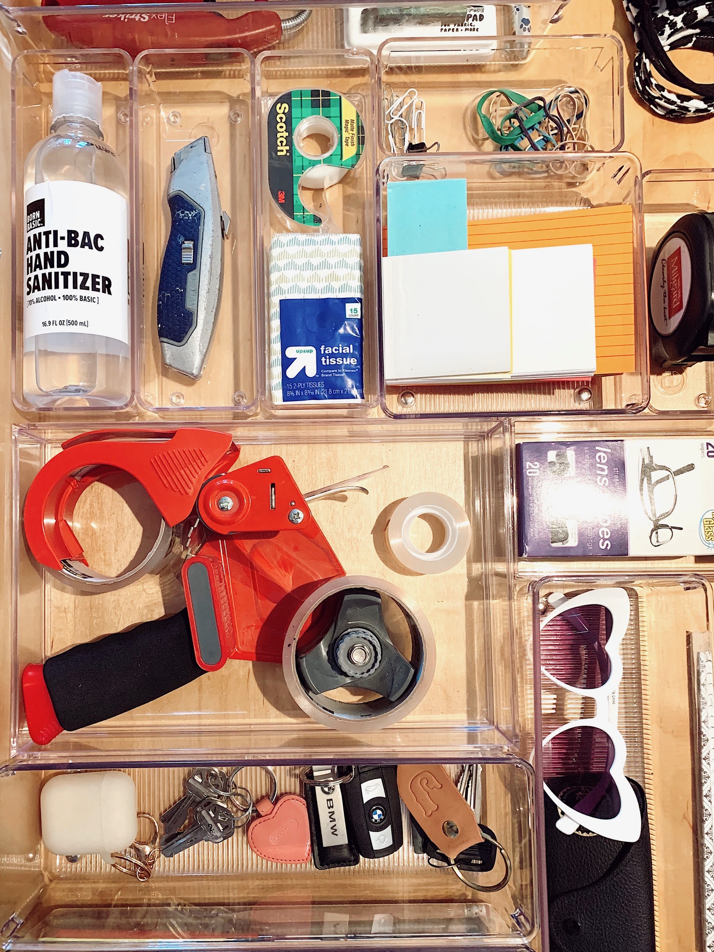 junk drawer organization | Acrylic Organizers by popular San Francisco lifestyle blog, Just Add Glam: image of a junk drawer organized with acrylic organizers.