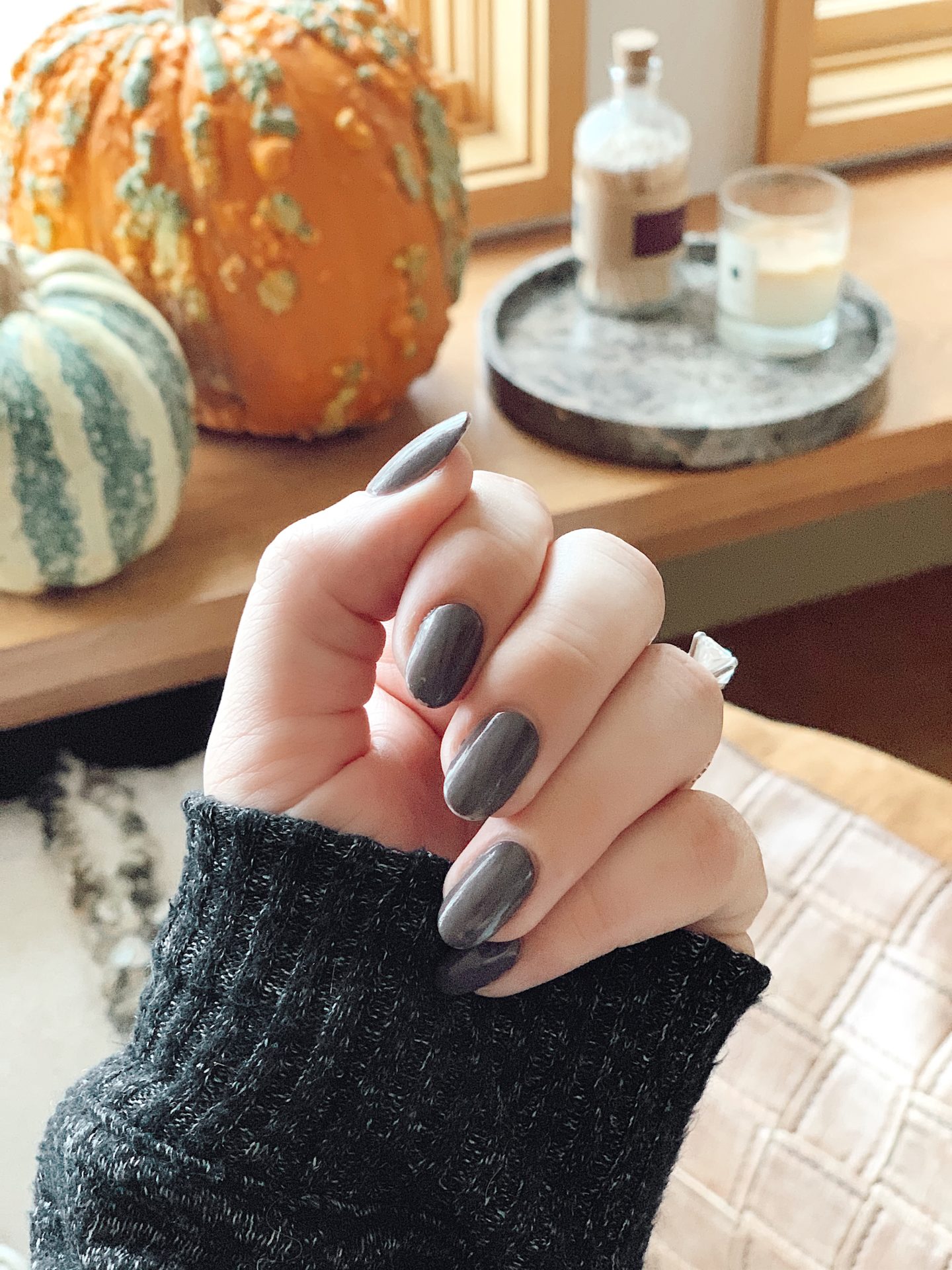 fall kiss nails walmart |Fall Beauty by popular San Francisco beauty blog, Just Add Glam: image of a woman grey manicure. 